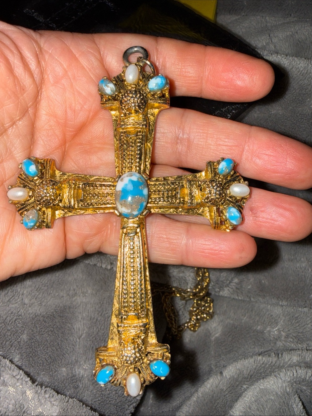 Gold-Tone Cross Pendant Necklace with Turquoise & Pearl Accents